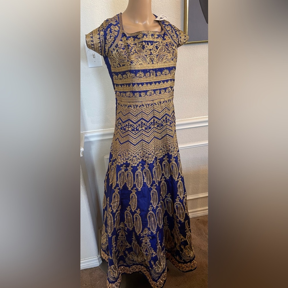 Full Length long Silk with golden embroidery Royal Blue Gown
